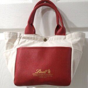 Unisex Lindt Tote Bag – Red Leather with Cream Fabric Chic Handbag - 13x8.5x5-in